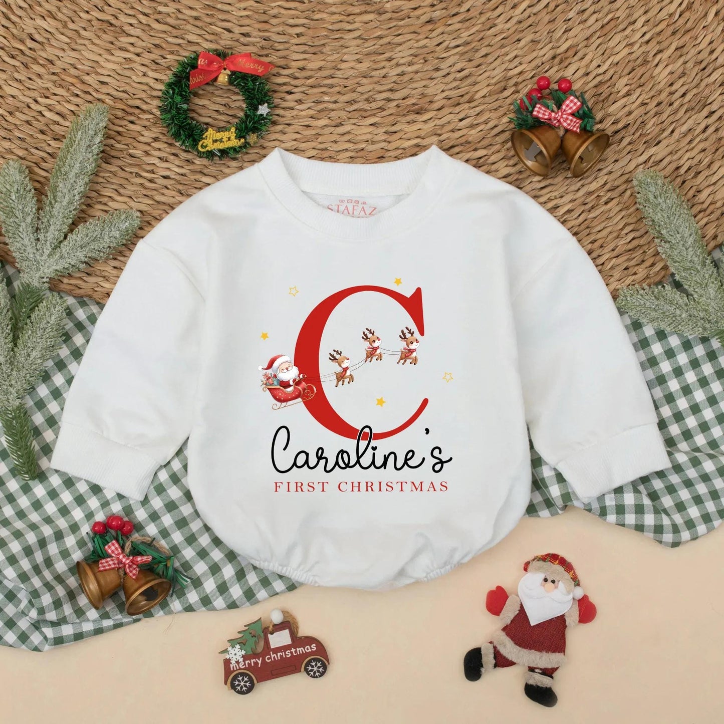 Personalized Baby's First Christmas Romper, Santa Reindeer Outfit with Custom Name, Holiday Newborn Bodysuit Gift, Caroline's 1st Christmas Outfit