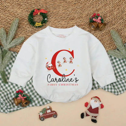 Personalized Baby's First Christmas Romper, Santa Reindeer Outfit with Custom Name, Holiday Newborn Bodysuit Gift, Caroline's 1st Christmas Outfit