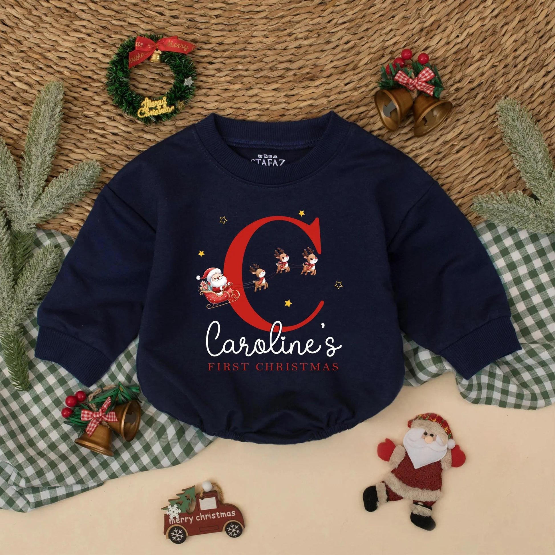 Personalized Baby's First Christmas Romper, Santa Reindeer Outfit with Custom Name, Holiday Newborn Bodysuit Gift, Caroline's 1st Christmas Outfit