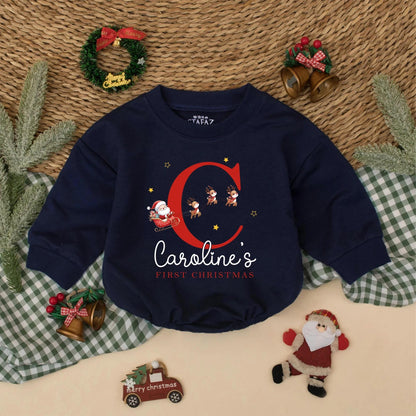 Personalized Baby's First Christmas Romper, Santa Reindeer Outfit with Custom Name, Holiday Newborn Bodysuit Gift, Caroline's 1st Christmas Outfit