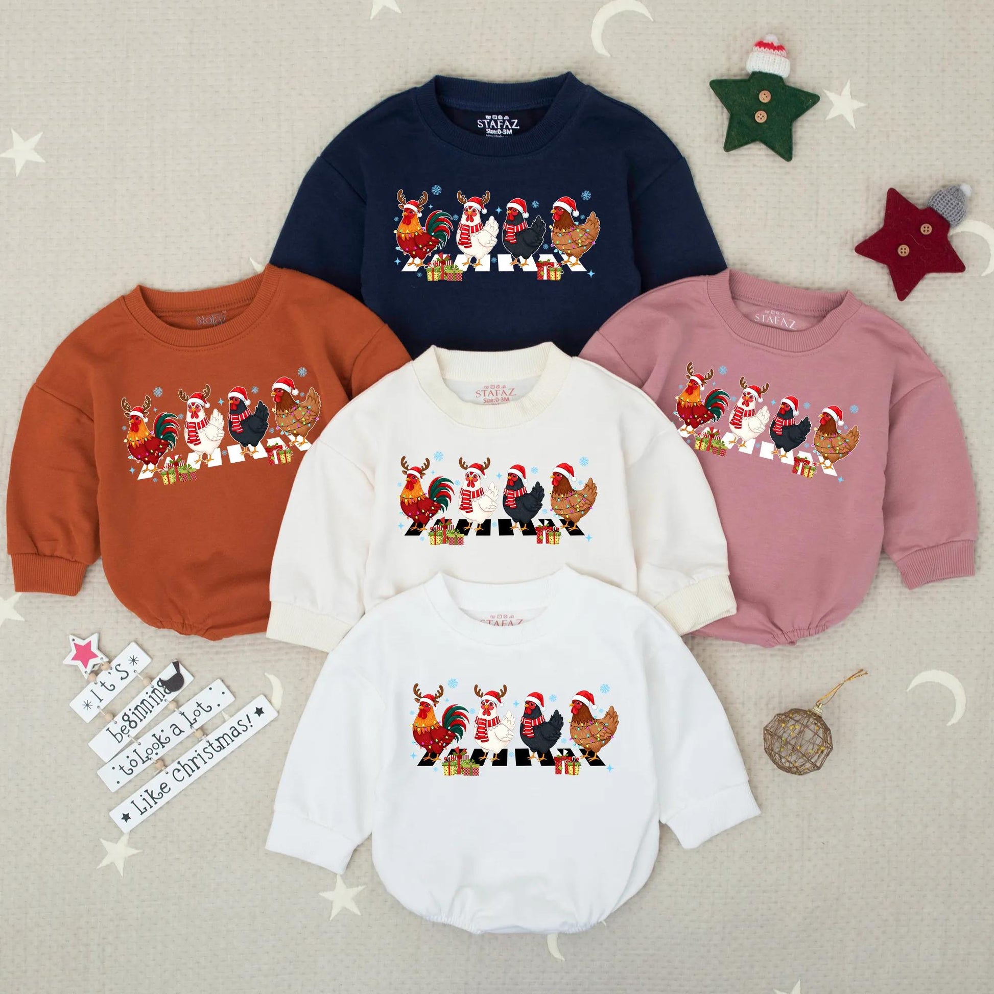 Festive Chicken Crossing Baby Romper, First Christmas Outfit for Boys, Whimsical Holiday Toddler Clothes with Cute Farm Animal Design & Snowflake Details