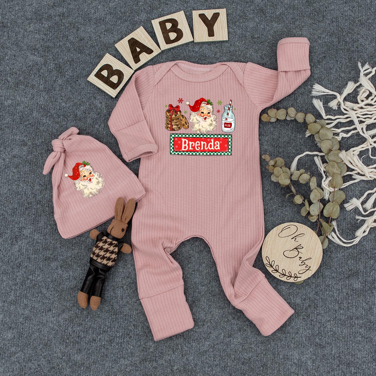 Personalized Retro Santa Baby Bodysuit, Vintage Christmas Outfit, Custom Name Holiday Romper, Red & Green Festive Newborn Gift, Milk & Cookies Design