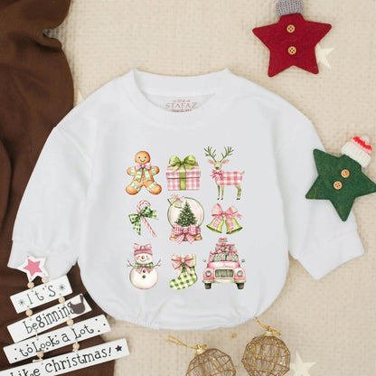 Chinoiserie Christmas Baby Girl Bubble Romper Pastel Watercolor Gingerbread Reindeer Snow Globe Holiday Infant Outfit Preppy Toddler Gift