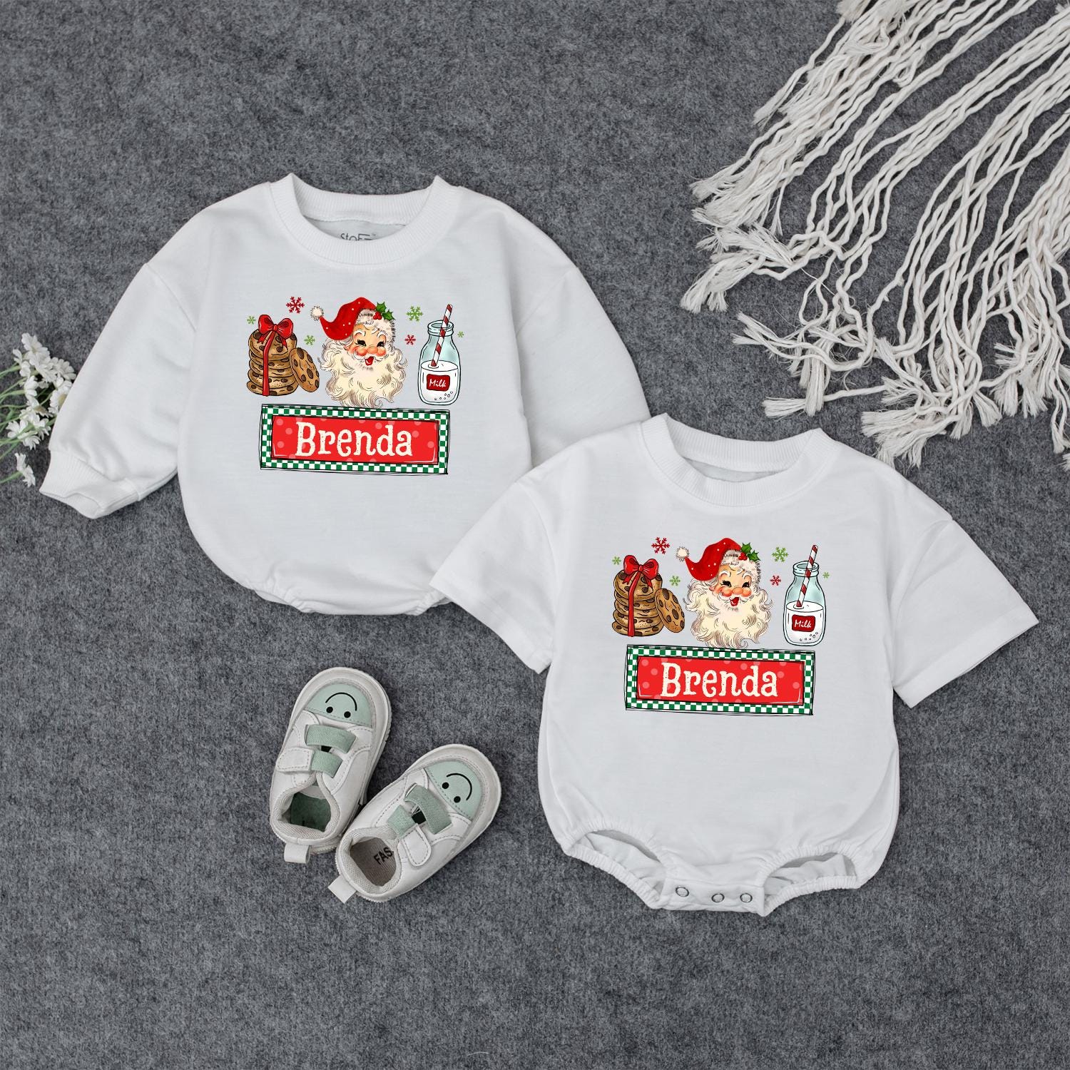 Custom Name Sibling Matching Retro Santa Baby Bodysuit for Kids Vintage Christmas Holiday Outfit Boys Girls Soft Cotton Tee