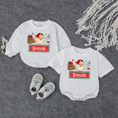 Custom Name Sibling Matching Retro Santa Baby Bodysuit for Kids Vintage Christmas Holiday Outfit Boys Girls Soft Cotton Tee