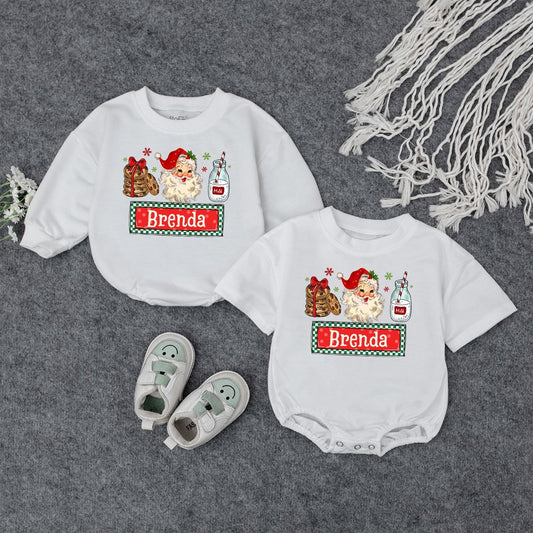 Custom Name Sibling Matching Retro Santa Baby Bodysuit for Kids Vintage Christmas Holiday Outfit Boys Girls Soft Cotton Tee