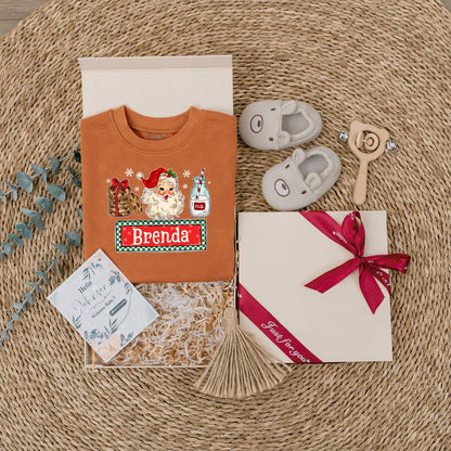 Custom Name Sibling Matching Retro Santa Baby Bodysuit for Kids Vintage Christmas Holiday Outfit Boys Girls Soft Cotton Tee