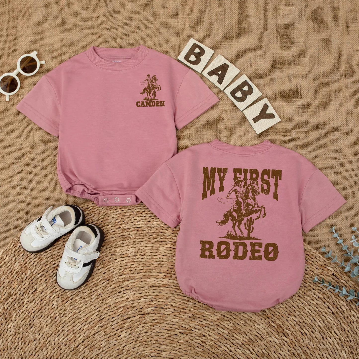 Custom My First Rodeo Baby Romper Vintage Western Cowboy Horse First Birthday Outfit with Name Rustic Brown Infant Bodysuit Gift