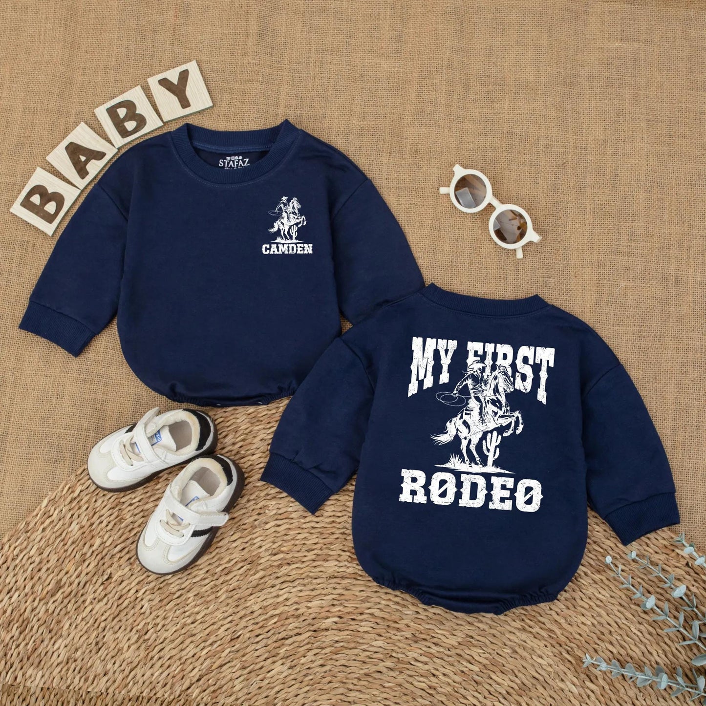 Custom My First Rodeo Baby Romper Vintage Western Cowboy Horse First Birthday Outfit with Name Rustic Brown Infant Bodysuit Gift