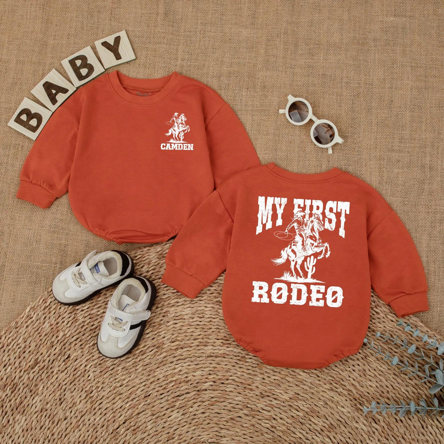 Custom My First Rodeo Baby Romper Vintage Western Cowboy Horse First Birthday Outfit with Name Rustic Brown Infant Bodysuit Gift