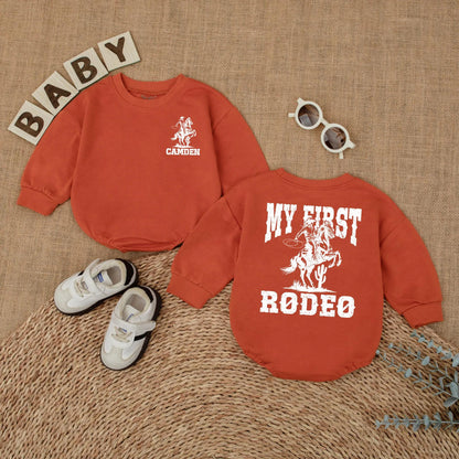 Custom My First Rodeo Baby Romper Vintage Western Cowboy Horse First Birthday Outfit with Name Rustic Brown Infant Bodysuit Gift