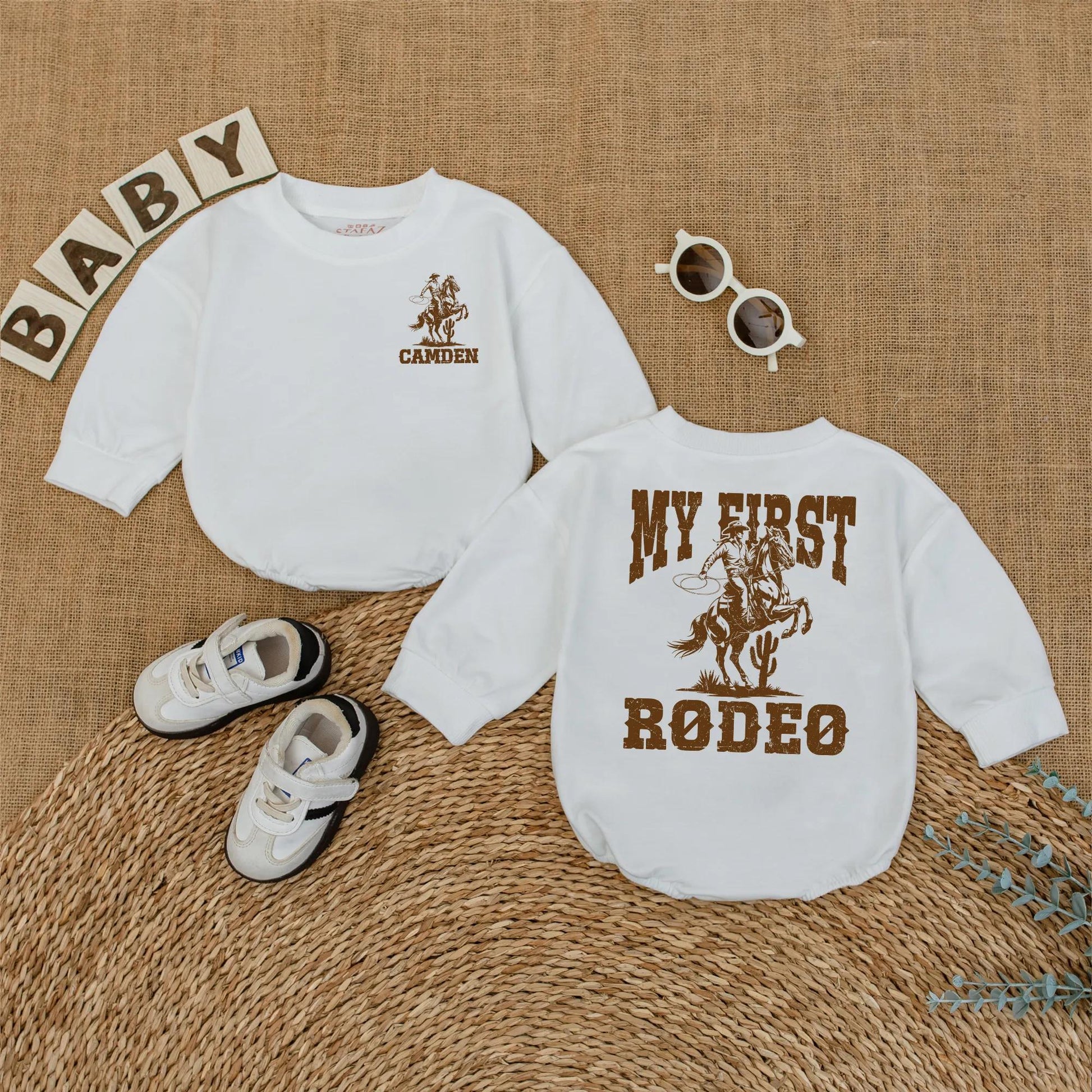 Custom My First Rodeo Baby Romper Vintage Western Cowboy Horse First Birthday Outfit with Name Rustic Brown Infant Bodysuit Gift