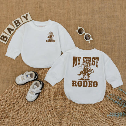 Custom My First Rodeo Baby Romper Vintage Western Cowboy Horse First Birthday Outfit with Name Rustic Brown Infant Bodysuit Gift