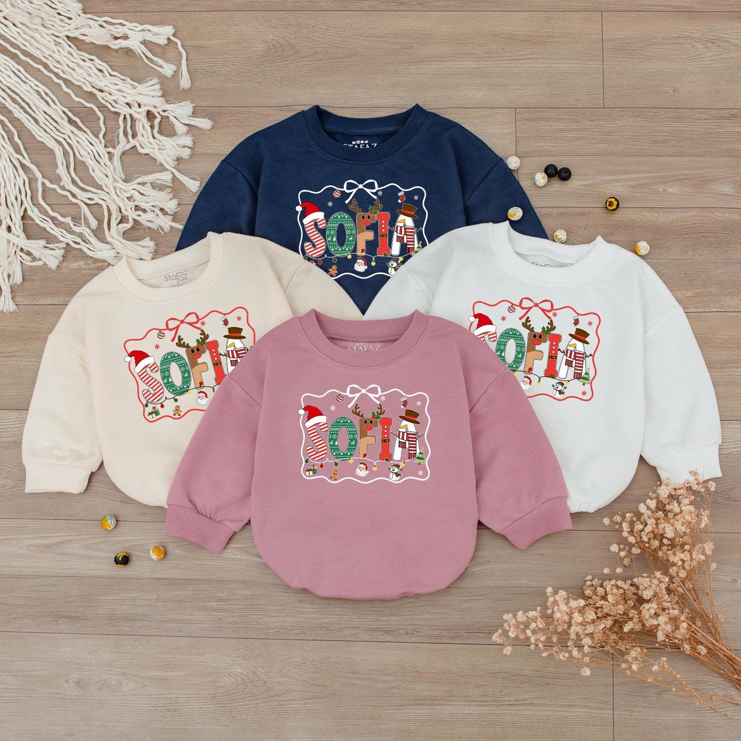 Personalized Sofia's First Christmas Outfit, Custom Name Holiday Baby Sweatshirt Romper, Festive Xmas Letters, Cute Infant Gift, Winter Fun (136 chars)