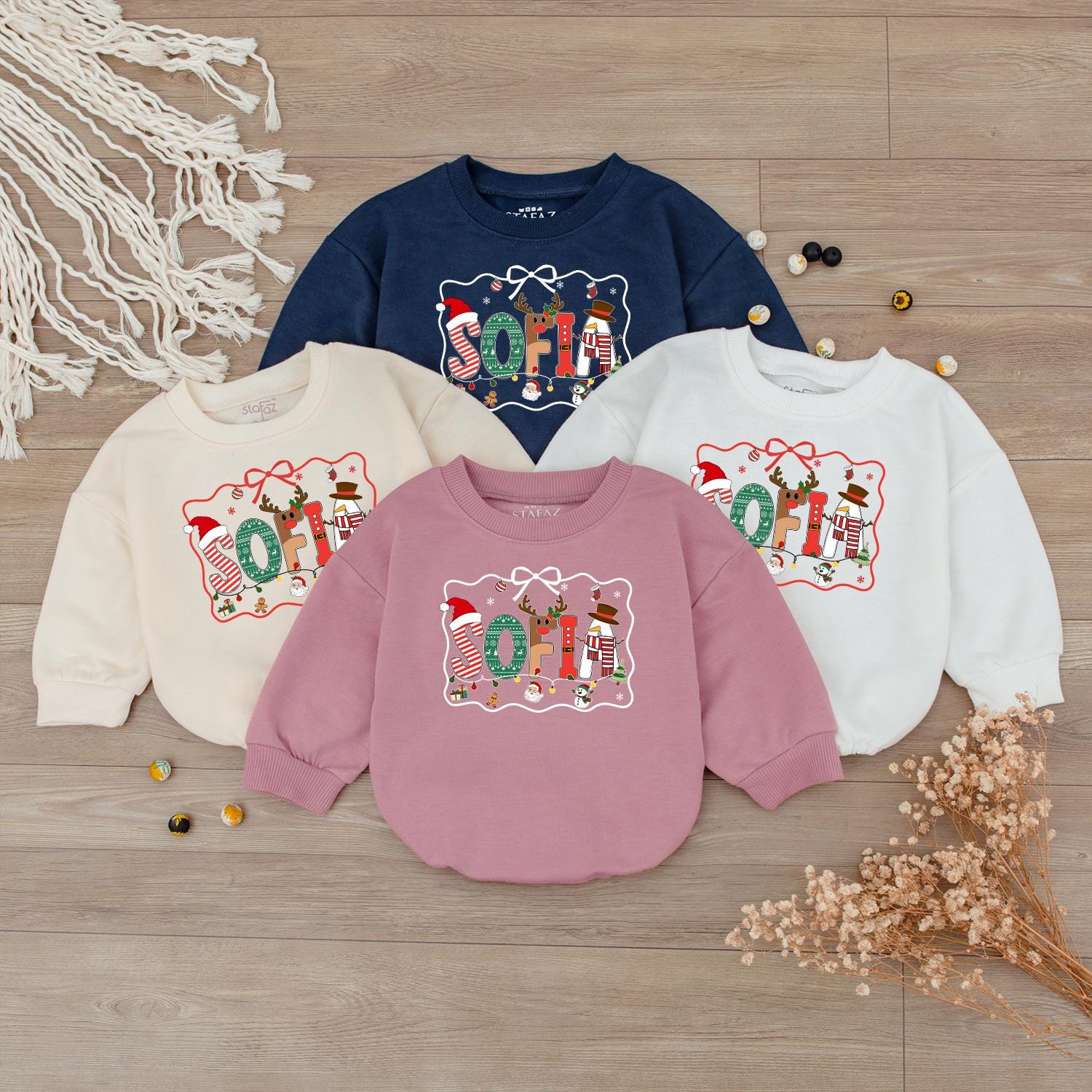 Personalized Sofia's First Christmas Outfit, Custom Name Holiday Baby Sweatshirt Romper, Festive Xmas Letters, Cute Infant Gift, Winter Fun (136 chars)