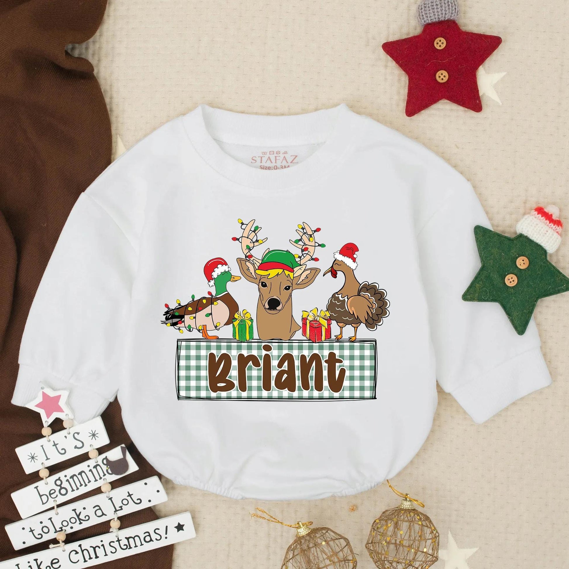 Briant Christmas Bubble Romper: Rustic Baby Boy Outfit with Duck, Deer & Turkey in Plaid, Custom Toddler Clothes, Duck Baby Shower Gift