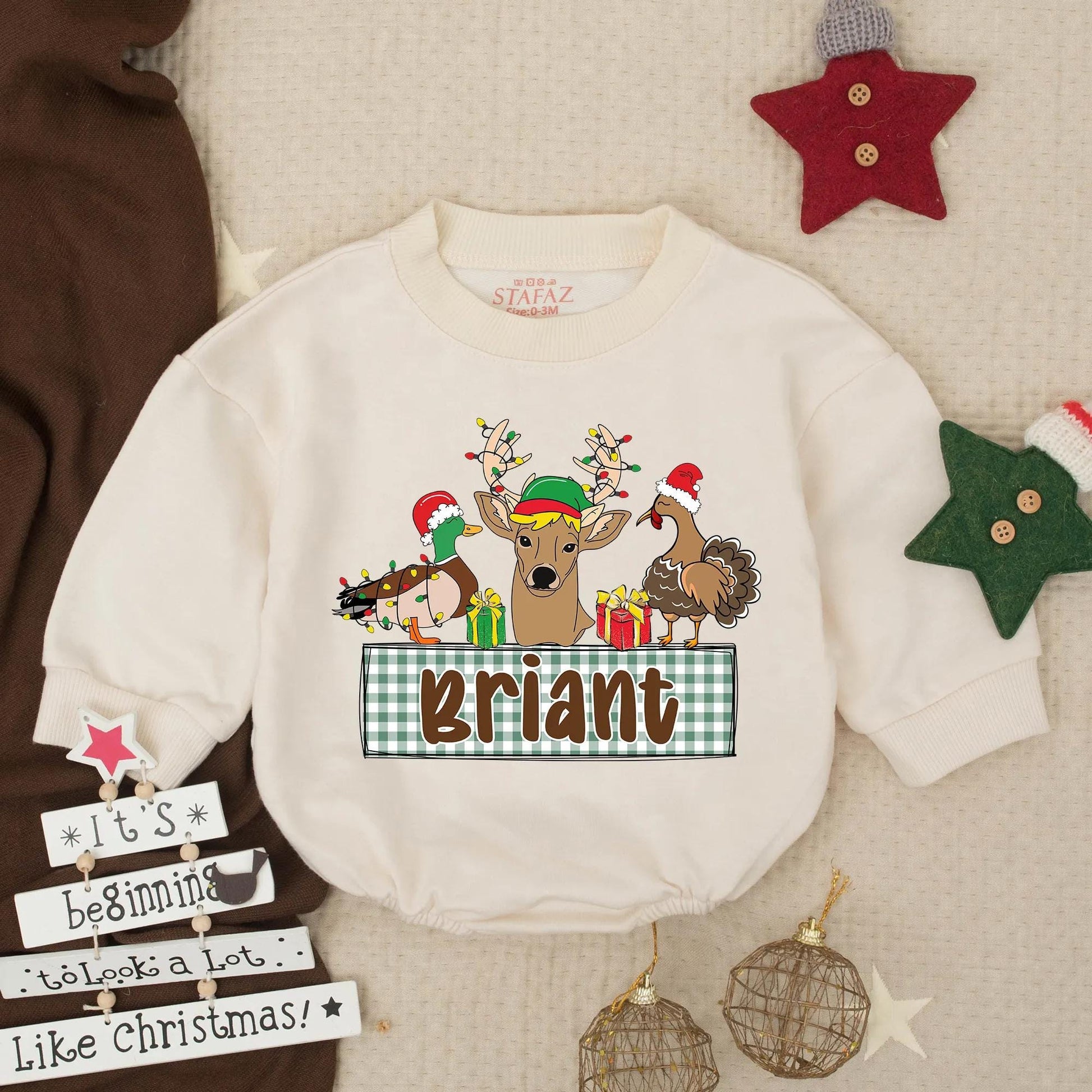Briant Christmas Bubble Romper: Rustic Baby Boy Outfit with Duck, Deer & Turkey in Plaid, Custom Toddler Clothes, Duck Baby Shower Gift