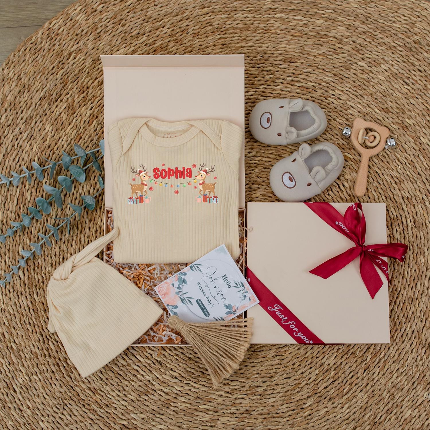 Personalized Neutral Reindeer Christmas Baby Bodysuit Custom Name Ribbed Jumpsuit First Holiday Gift