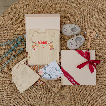 Personalized Neutral Reindeer Christmas Baby Bodysuit Custom Name Ribbed Jumpsuit First Holiday Gift