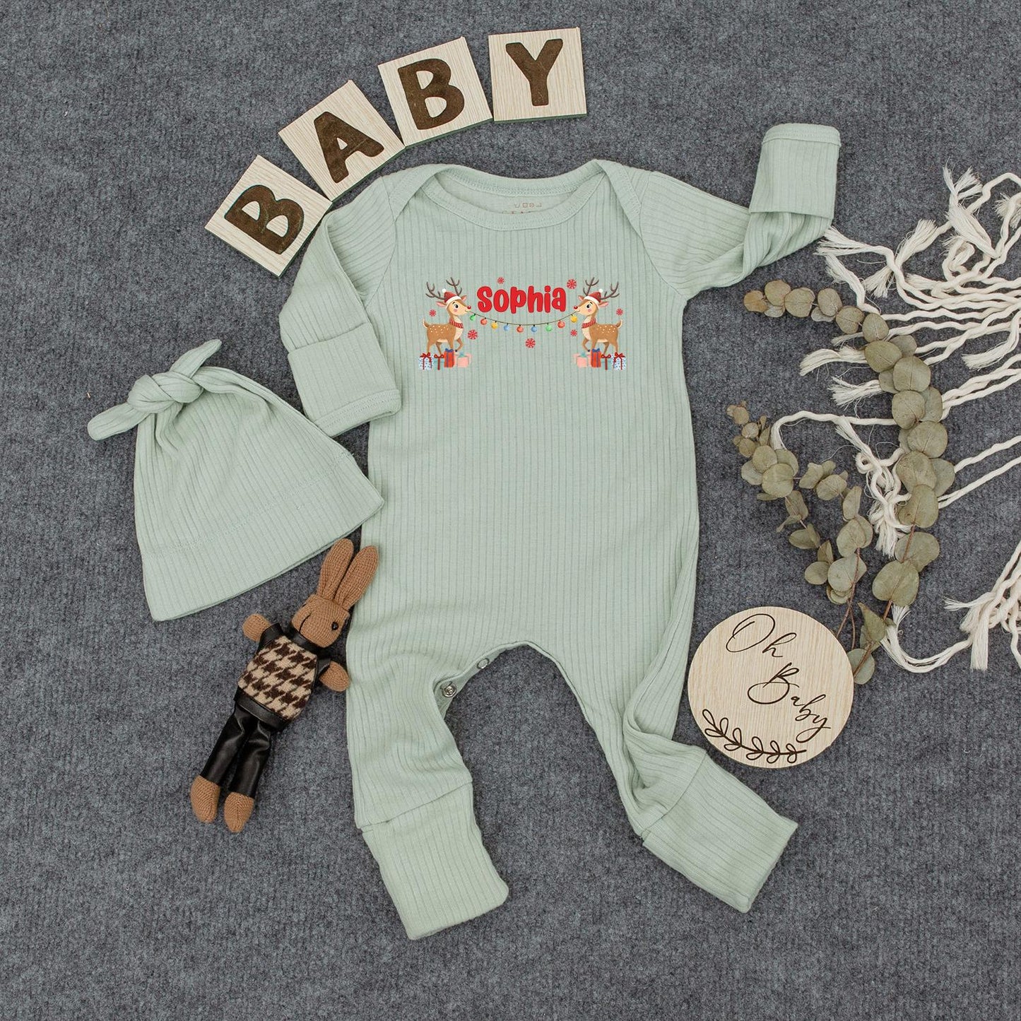 Personalized Neutral Reindeer Christmas Baby Bodysuit Custom Name Ribbed Jumpsuit First Holiday Gift