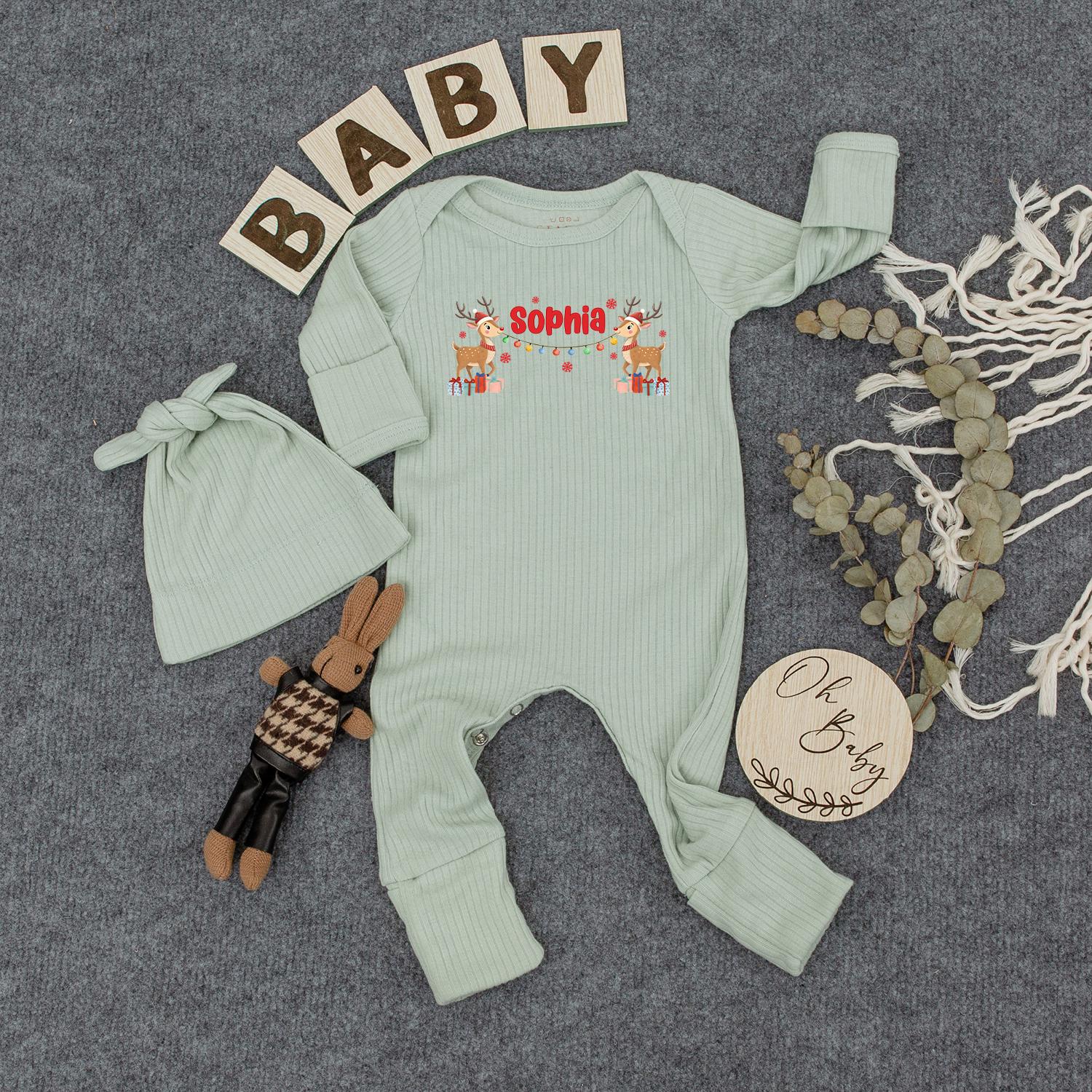 Personalized Neutral Reindeer Christmas Baby Bodysuit Custom Name Ribbed Jumpsuit First Holiday Gift