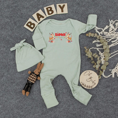 Personalized Neutral Reindeer Christmas Baby Bodysuit Custom Name Ribbed Jumpsuit First Holiday Gift