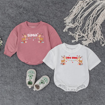 Personalized Christmas Baby Reindeer Outfit with Name, Festive Romper Sweatshirt Holiday Lights Snowflakes Presents Boy Girl