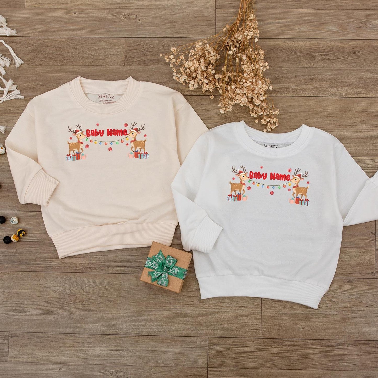 Personalized Christmas Baby Reindeer Outfit with Name, Festive Romper Sweatshirt Holiday Lights Snowflakes Presents Boy Girl