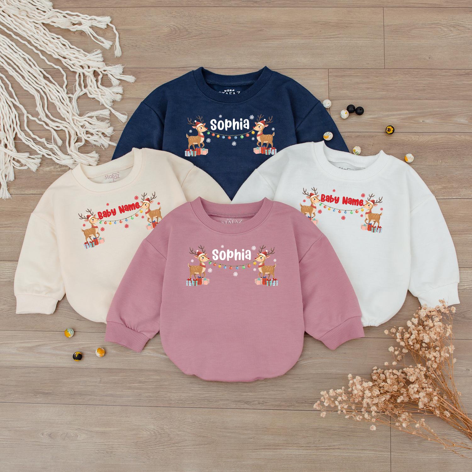 Personalized Christmas Baby Reindeer Outfit with Name, Festive Romper Sweatshirt Holiday Lights Snowflakes Presents Boy Girl