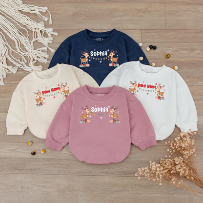 Personalized Christmas Baby Reindeer Outfit with Name, Festive Romper Sweatshirt Holiday Lights Snowflakes Presents Boy Girl