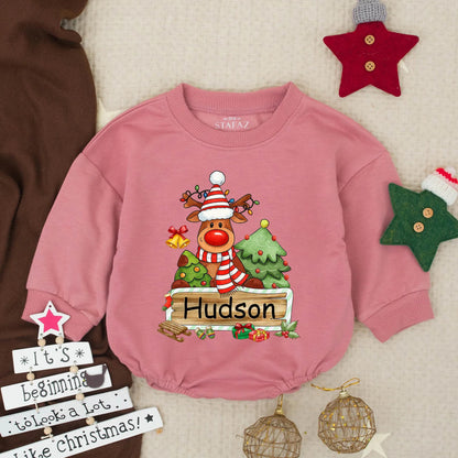 Personalized My First Christmas Baby Boy Reindeer Bubble Romper festive colorful holiday outfit with Santa hat and presents toddler infant clothes