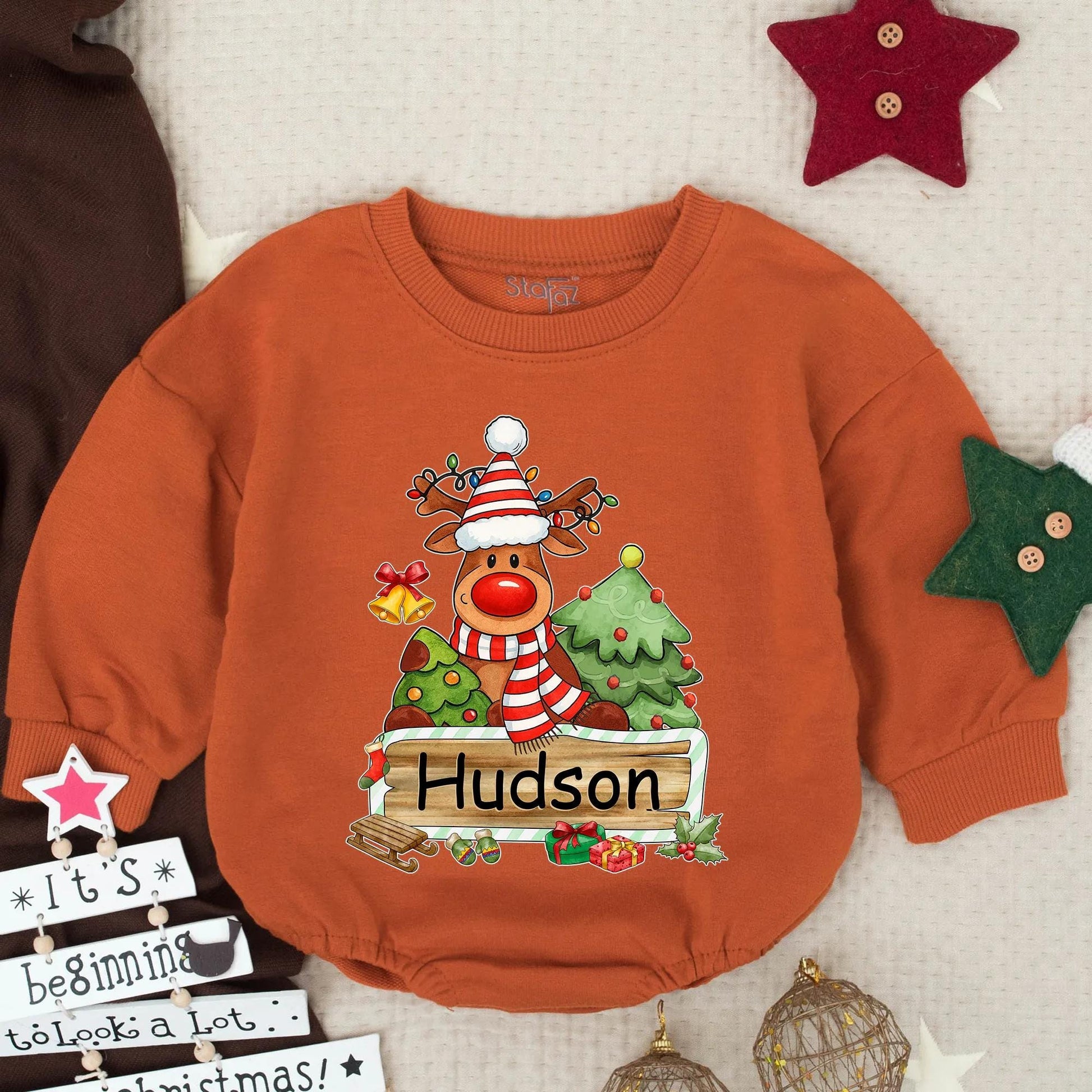 Personalized My First Christmas Baby Boy Reindeer Bubble Romper festive colorful holiday outfit with Santa hat and presents toddler infant clothes