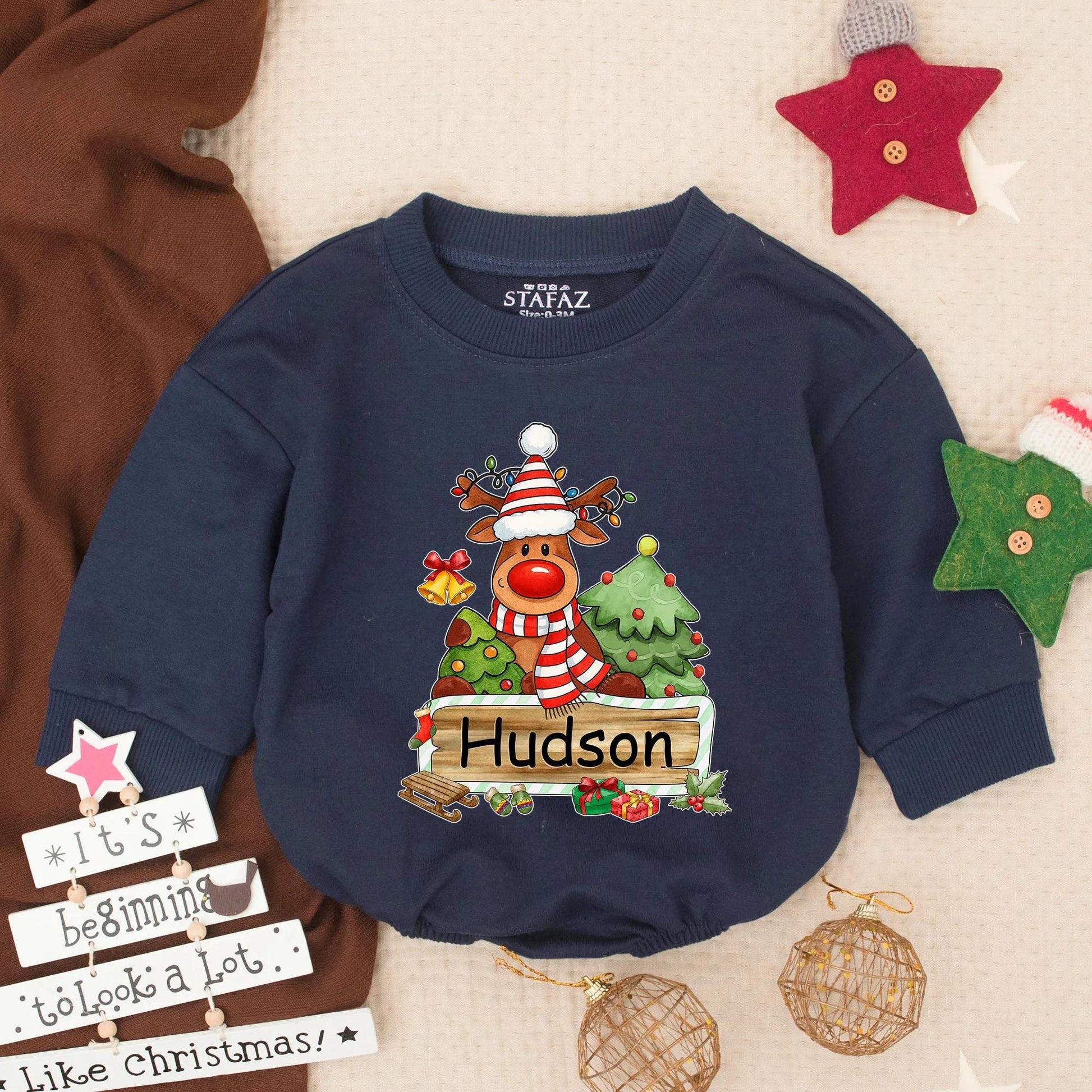 Personalized My First Christmas Baby Boy Reindeer Bubble Romper festive colorful holiday outfit with Santa hat and presents toddler infant clothes