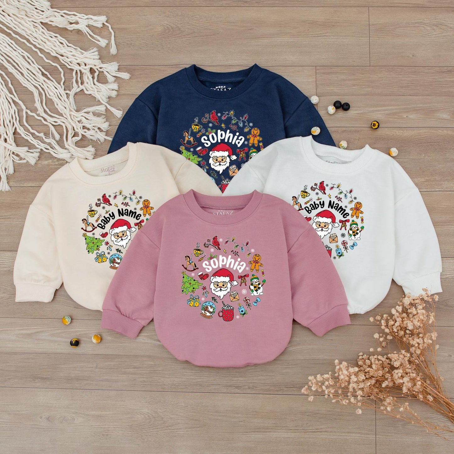 Personalized Baby Christmas Outfit with Santa Claus Gingerbread Snowman Design Custom Name for Infant Girl Boy First Holiday Gift Warm Red Green Yellow