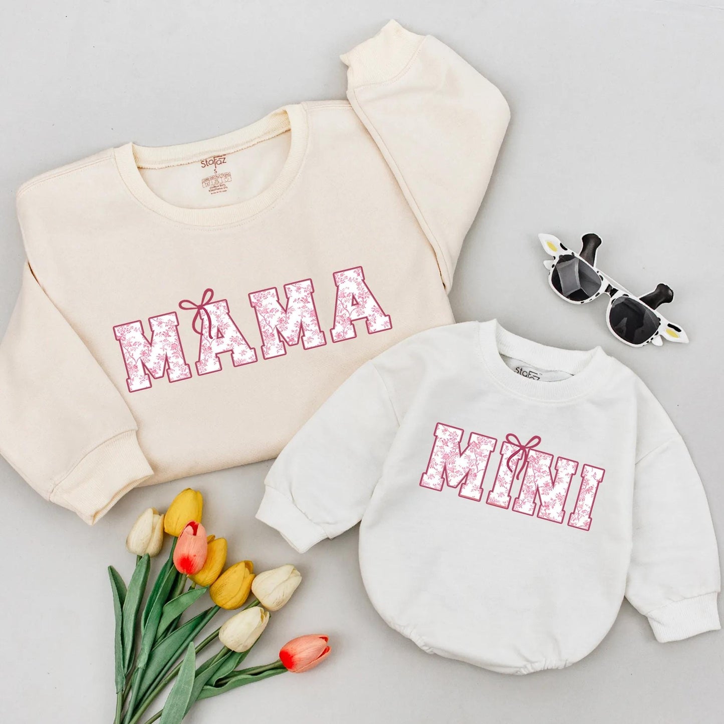 Matching Mama & Mini Pink Chinoiserie Bow Floral Shirts Cute Mother's Day Mom Daughter Outfits Comfortable Cotton Soft Gift for Her