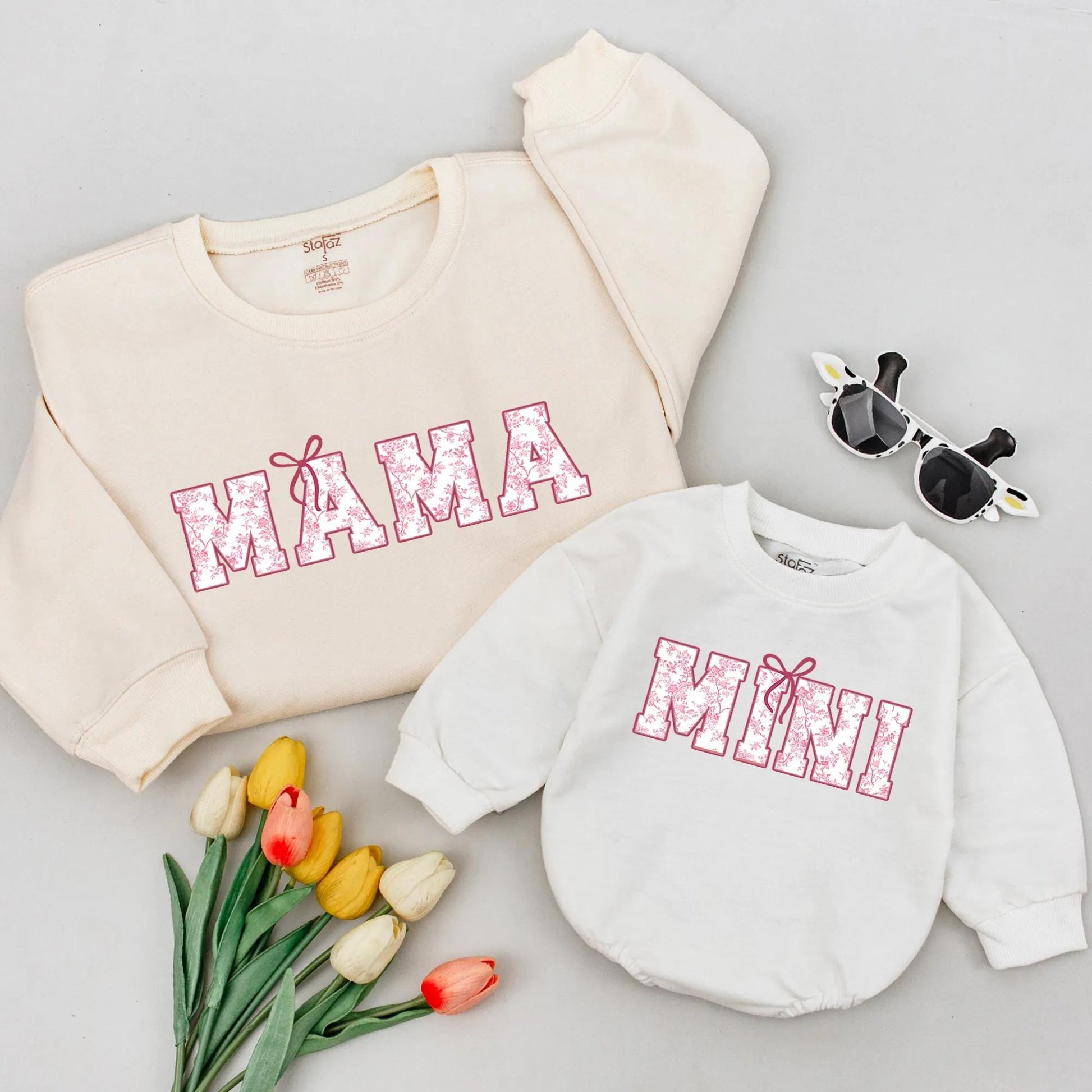 Matching Mama & Mini Pink Chinoiserie Bow Floral Shirts Cute Mother's Day Mom Daughter Outfits Comfortable Cotton Soft Gift for Her