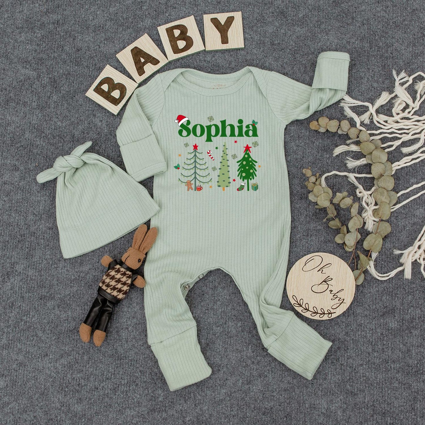 Personalized Christmas Baby Bodysuit Hat Set Custom Name Cute Newborn Holiday Outfit First Xmas Gift Cozy Festive Baby Clothes