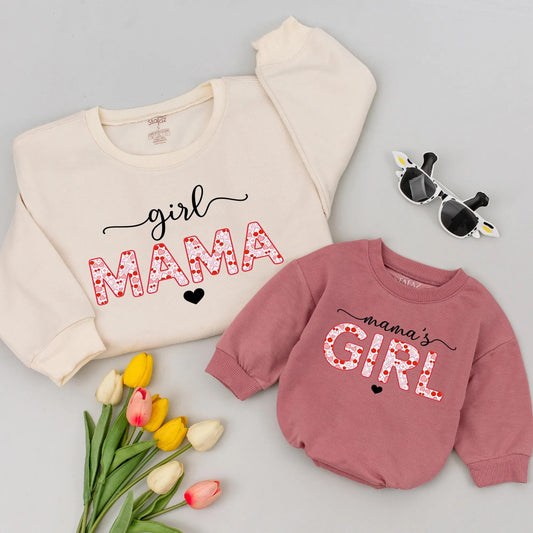 Girl Mama Mama's Girl Matching Shirts with Playful Red Pink Heart Pattern for Mommy and Me Mother Daughter Baby Romper Mother's Day Gift