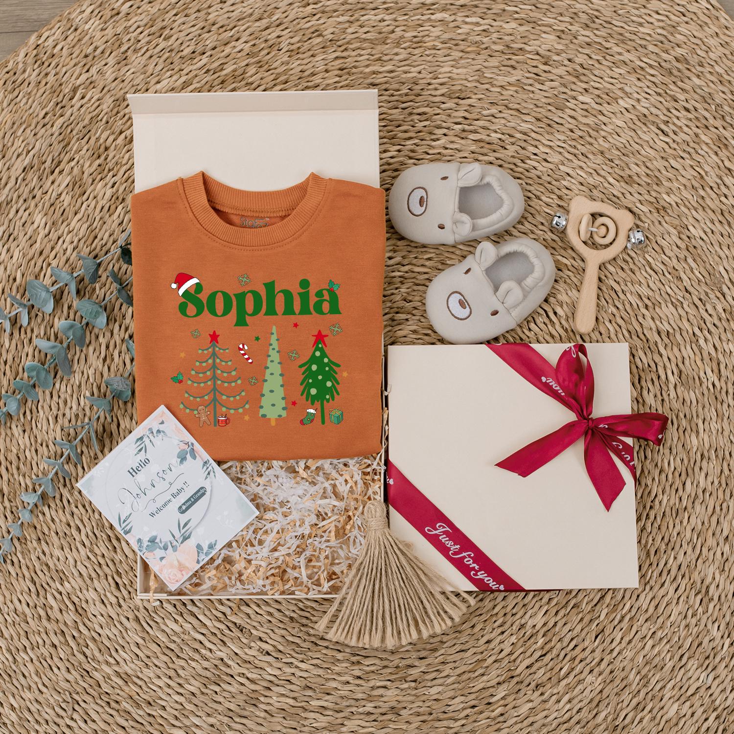 Personalized Sophia Christmas Outfit Baby Girl, Custom Name Holiday Romper & Sweater Set, Festive Xmas Infant Clothes, First Gift