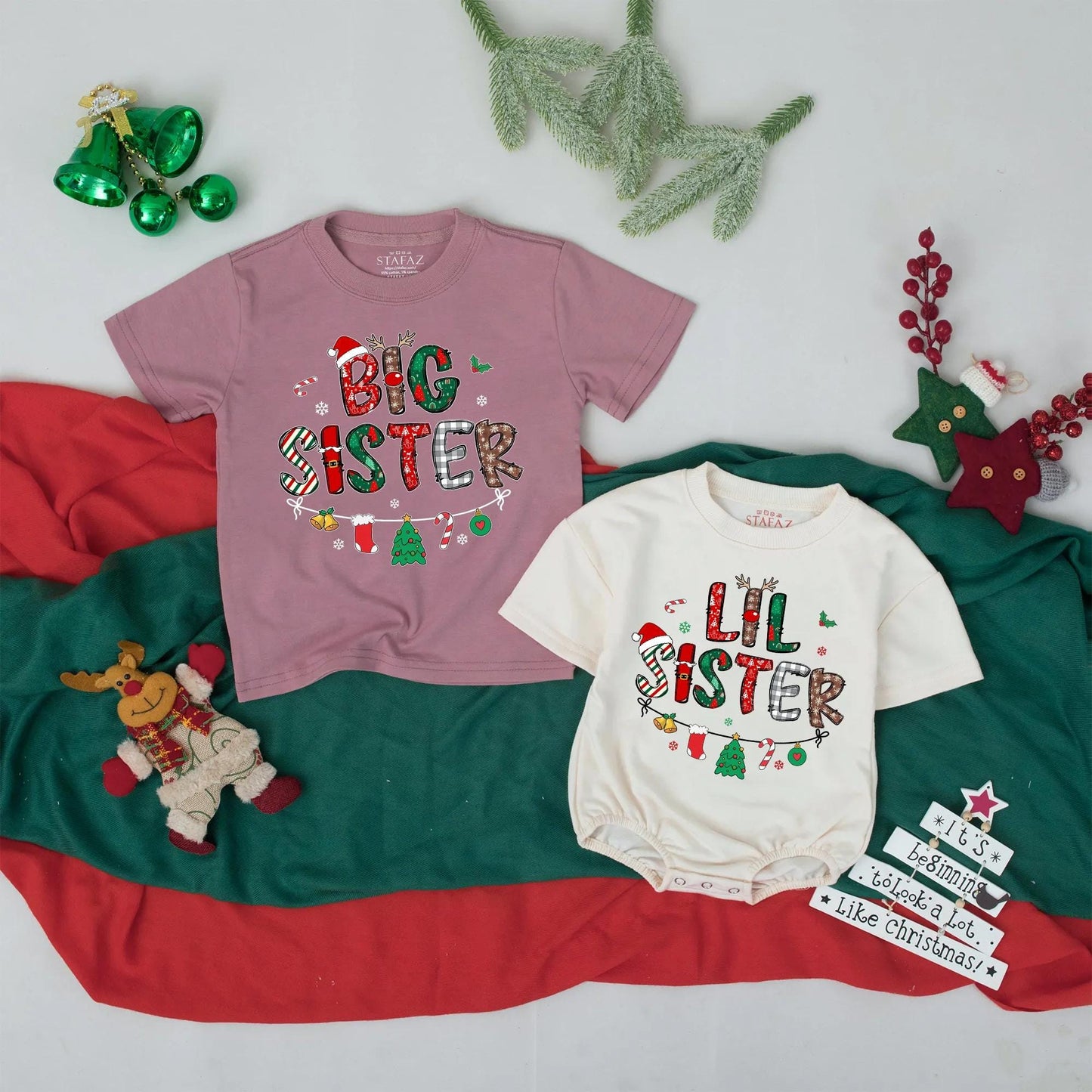 Big Sister Lil Sister Christmas Matching Shirts Retro Holiday Sibling Announcement Gift Cute Baby Tees
