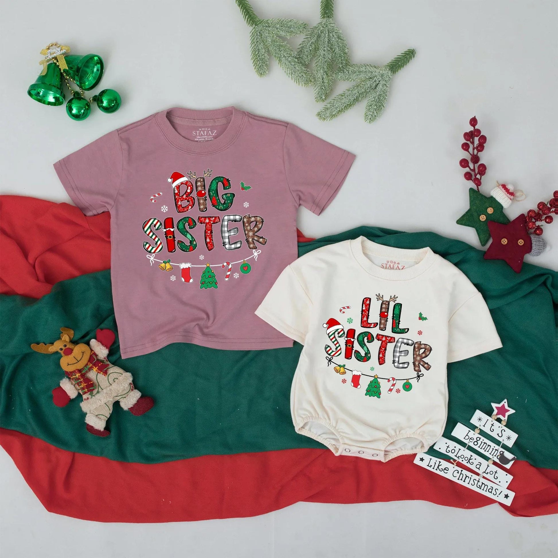 Big Sister Lil Sister Christmas Matching Shirts Retro Holiday Sibling Announcement Gift Cute Baby Tees