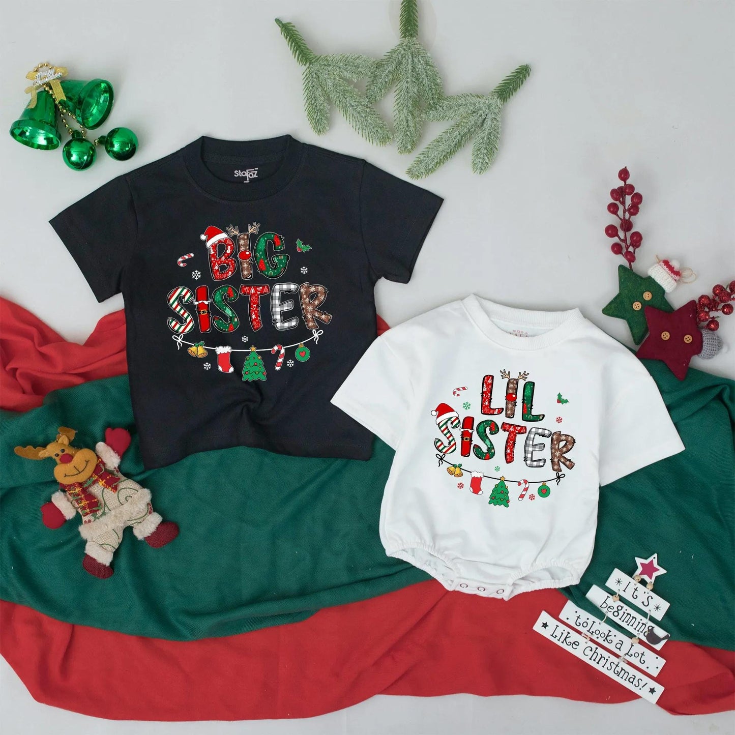 Big Sister Lil Sister Christmas Matching Shirts Retro Holiday Sibling Announcement Gift Cute Baby Tees