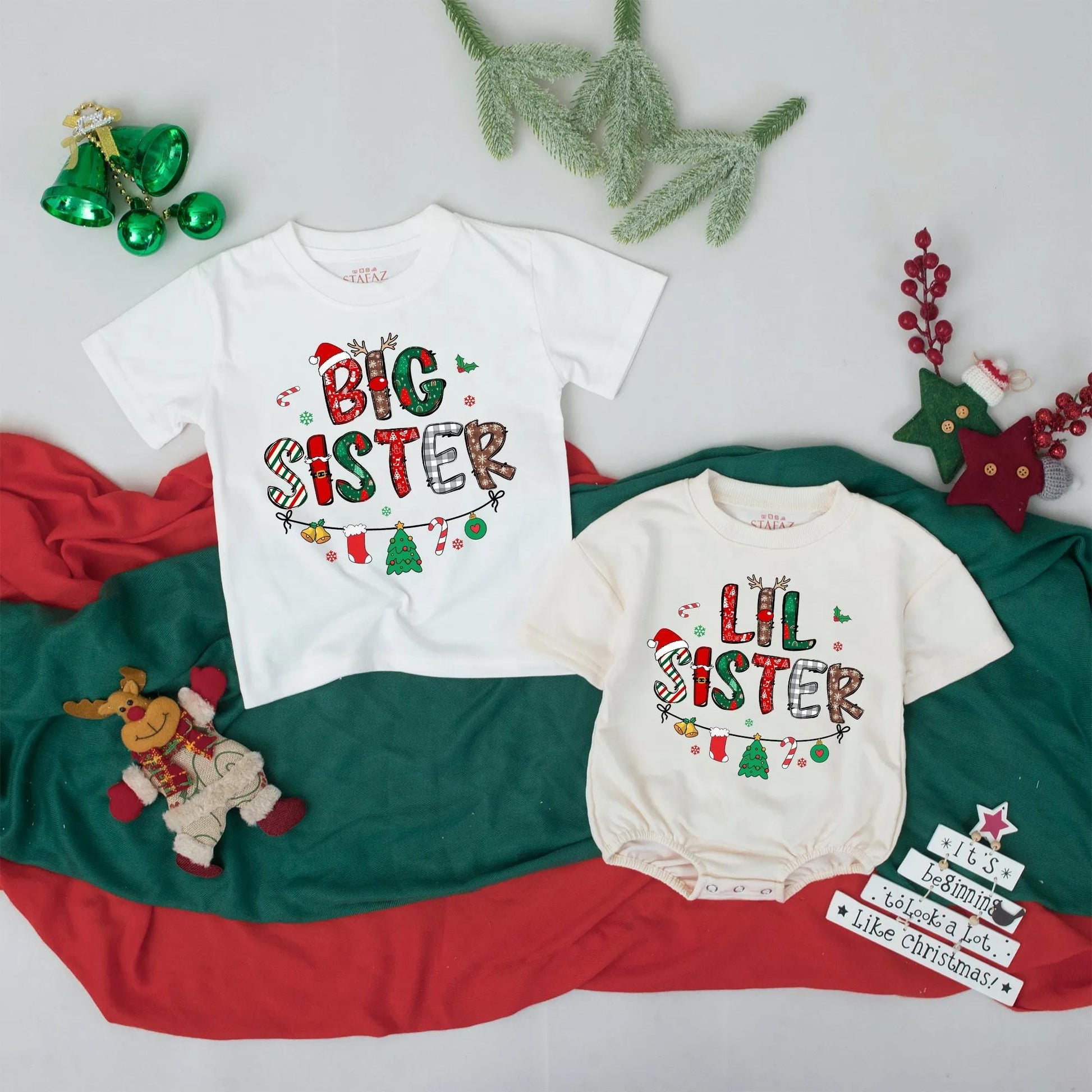 Big Sister Lil Sister Christmas Matching Shirts Retro Holiday Sibling Announcement Gift Cute Baby Tees
