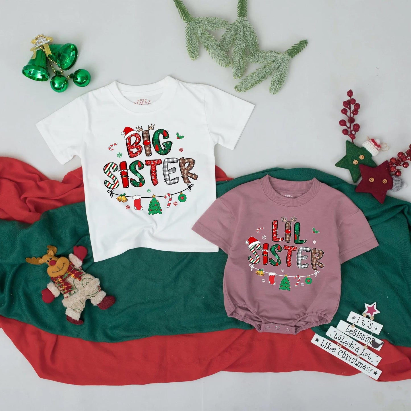 Big Sister Lil Sister Christmas Matching Shirts Retro Holiday Sibling Announcement Gift Cute Baby Tees