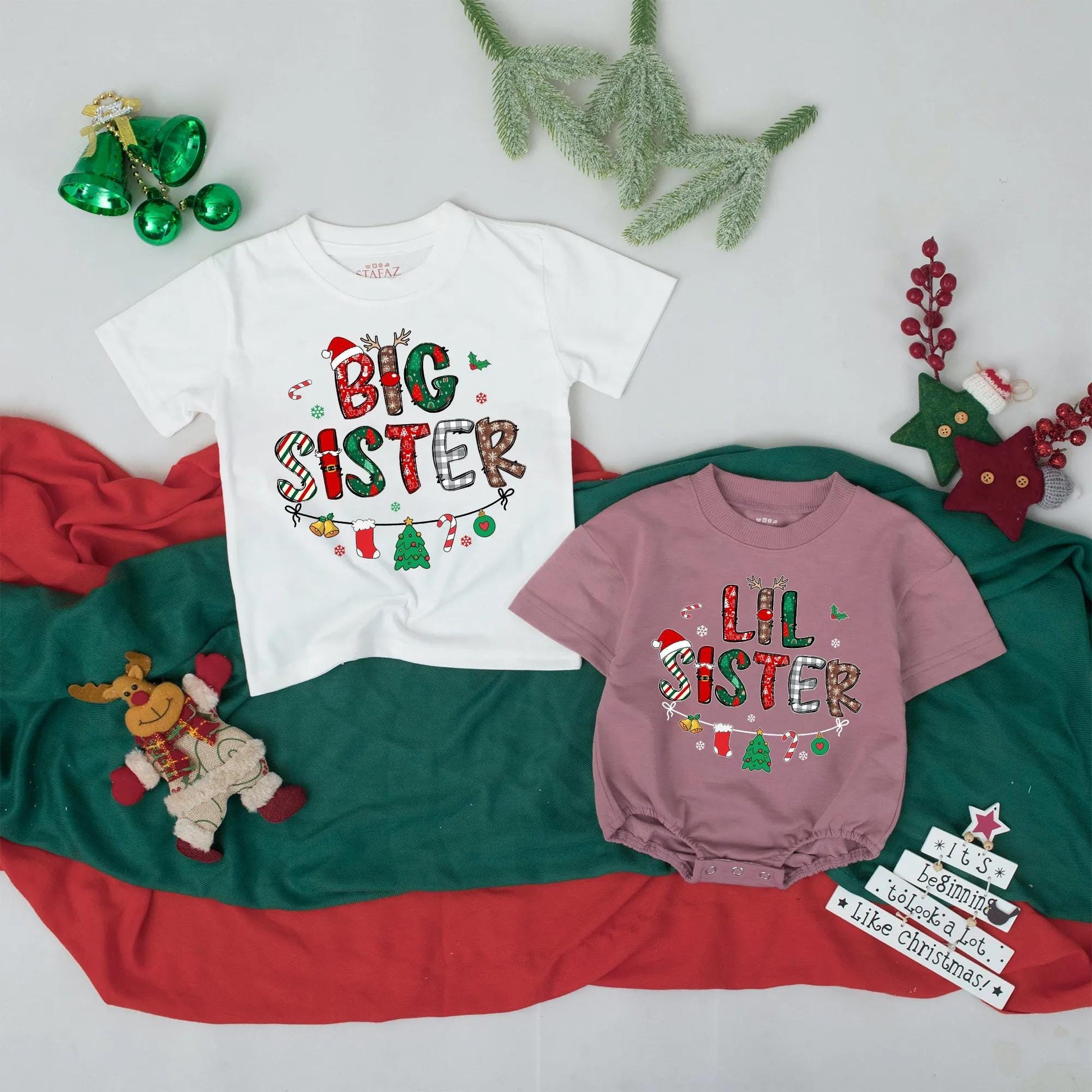 Big Sister Lil Sister Christmas Matching Shirts Retro Holiday Sibling Announcement Gift Cute Baby Tees