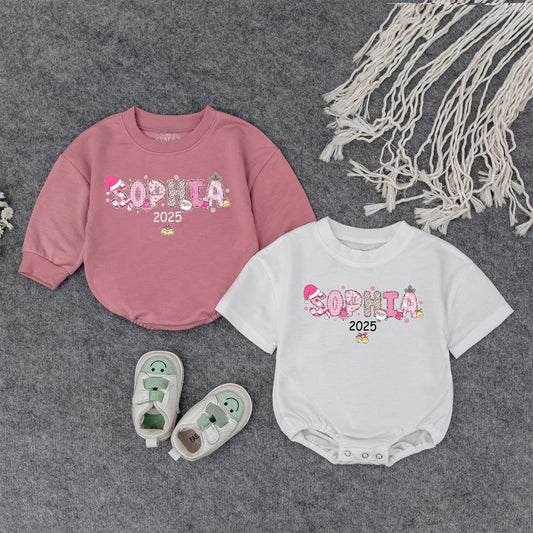 Personalized Baby Girl Christmas Outfit 2025 Pink Whimsical Holiday Romper Sweater Set with Festive Snowflakes, First Xmas Infant Attire