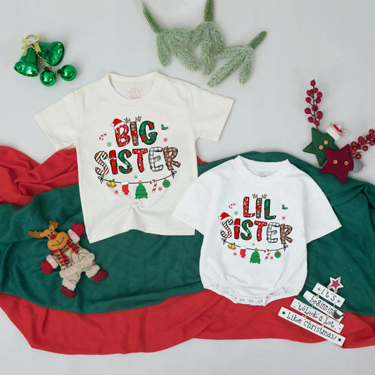 Big Sister Lil Sister Christmas Matching Shirts Retro Holiday Sibling Announcement Gift Cute Baby Tees