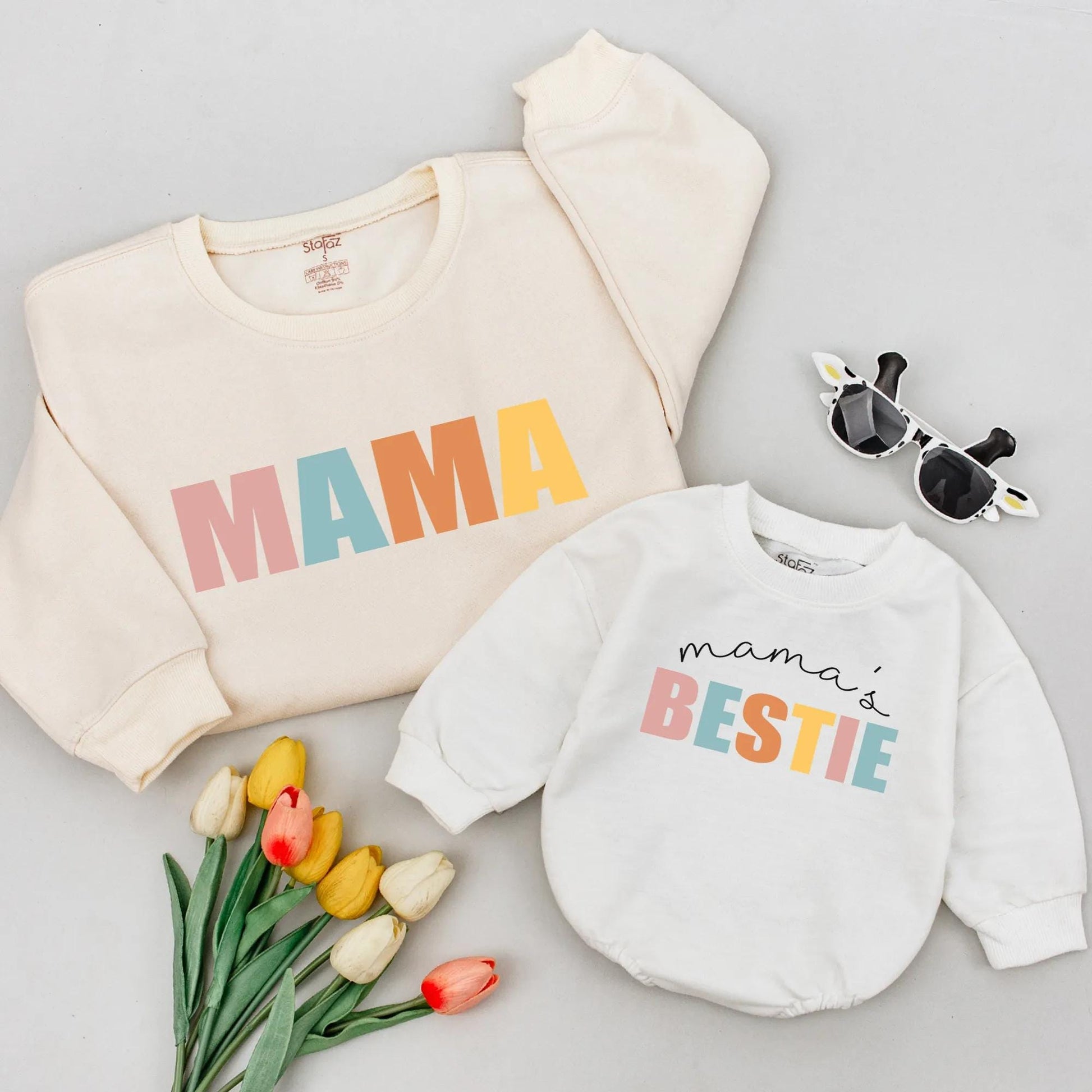 Matching Mama & Me Sweatshirts - Colorful MAMA BESTIE Outfits, Pastel Mom & Daughter Shirts, Unique Mother's Day Gift, Cheerful Mommy and Me Outfit