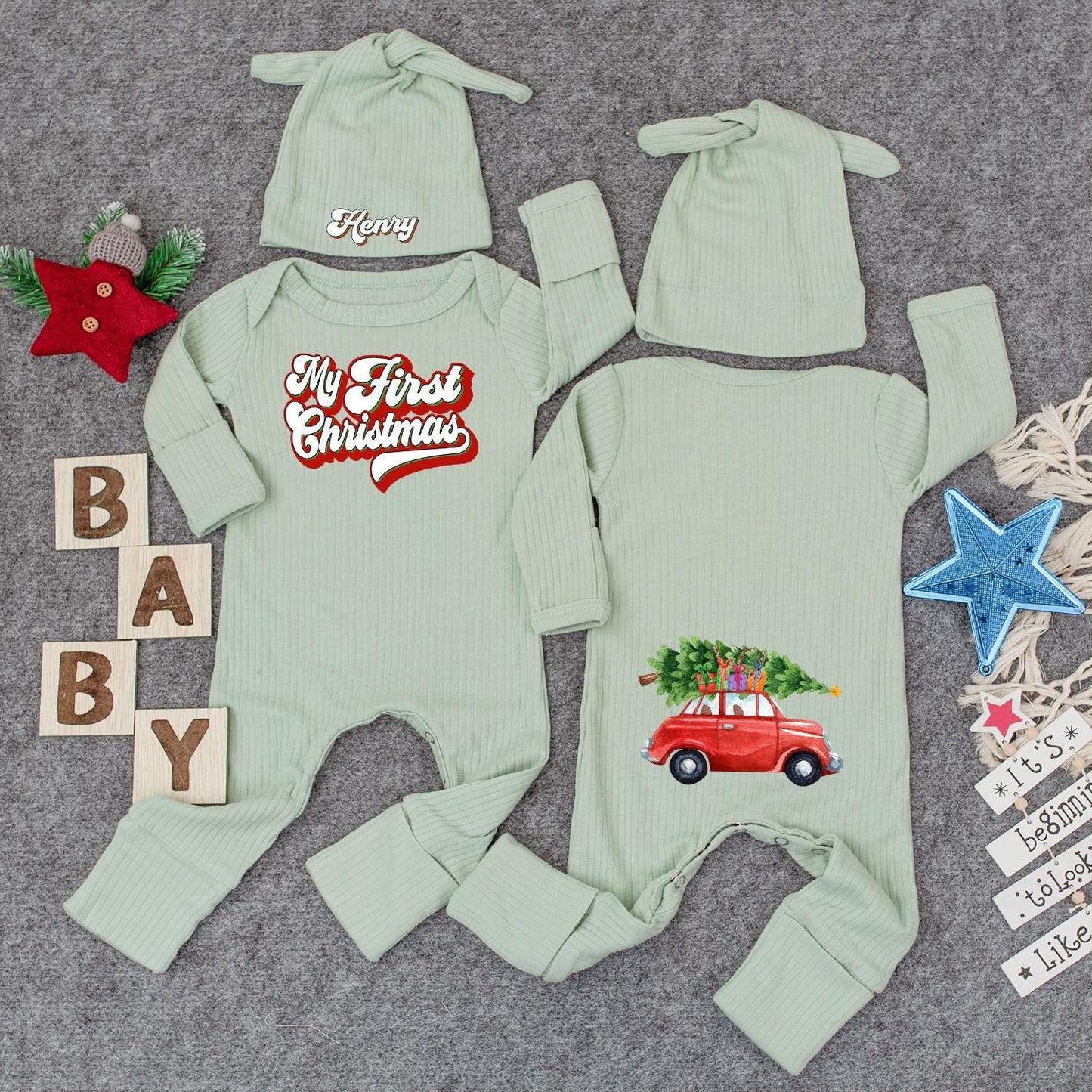 My First Christmas Outfit Personalized with Name, Watercolor Car & Tree Bodysuit and Hat Set - Custom Newborn Xmas Holiday Gift for Baby Henry (140 chars)