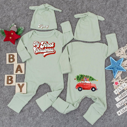 My First Christmas Outfit Personalized with Name, Watercolor Car & Tree Bodysuit and Hat Set - Custom Newborn Xmas Holiday Gift for Baby Henry (140 chars)